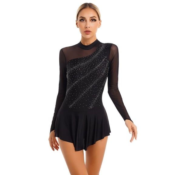 JanJean Women's Long Sleeve Rhinestone Figure Skating Dress Sheer Mesh Lyrical Ballet Dance Leotard Black L