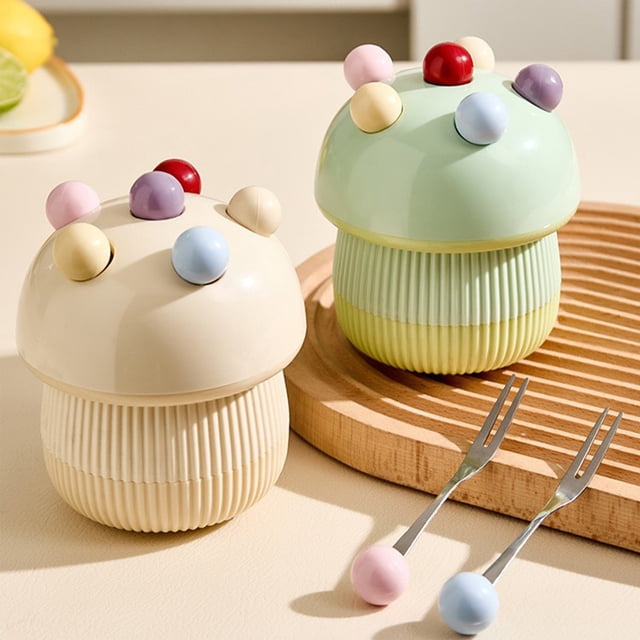 Yrmaups 2 Pcs Support de Fourchette à Fruits en Forme de Champignon, Décor de Cuisine en Céramique avec 6 Fourchettes en Acier Inoxydable, Ensemble de Service Réutilisable pour Desserts et Gâteaux pour Fête, Mariage, Pique-Nique, Maison