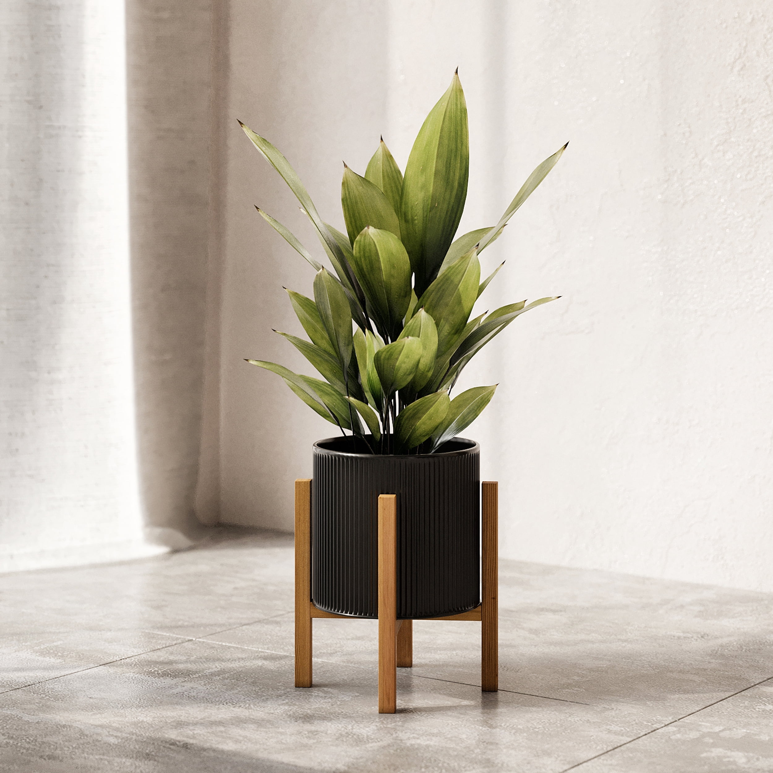 Everett Black Mid-Century Modern Indoor Metal Pot Planter with 4-Leg Wood Base - 12" x 10"