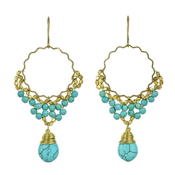 Ornament Green Turquoise Teardrop Brass Dangle Earrings