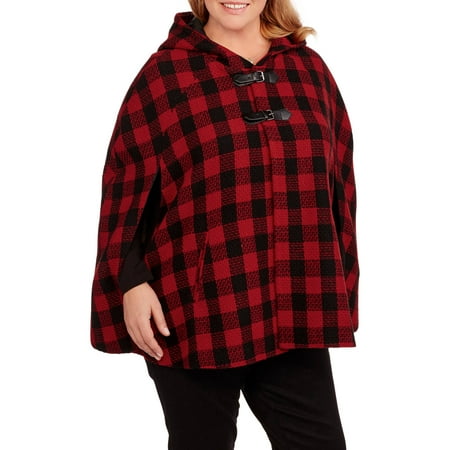 - Maxwell Studio Women's Plus-Size Hooded Plaid Cape with Faux Leather Buckle Details