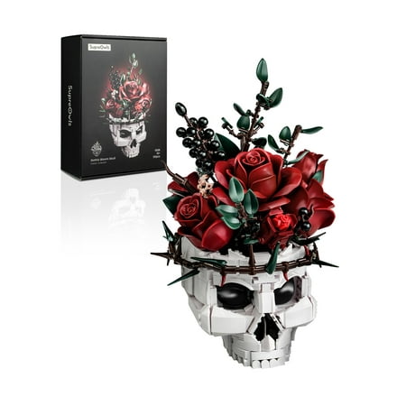 Skull Rose Bouquet Building Set, Compatible with Lego Flowers for Adult - Halloween Gothic Horror Skeleton Plant Pot Home Decor - Artificial Flower Botanical Collection Gifts