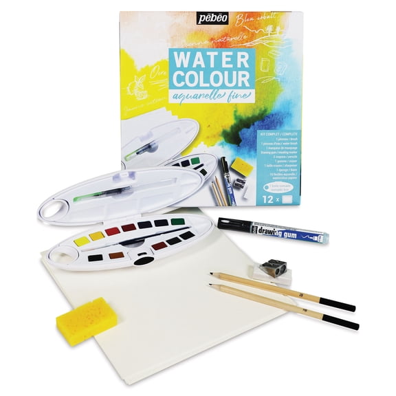 Pebeo Fine Watercolor Half Pan Set - Complete Set of 12, Oval Plastic Case