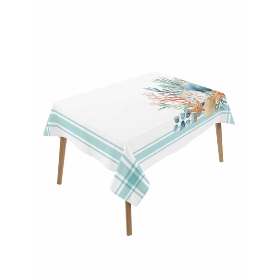 Aqua Coastal Rectangle Tablecloth, Nautical Seashells Coral Leaves Stripes Waterproof & StainResistant Tablecloth, Washable Oil-proof Table Cover for Dining/Party/Wedding/Camping/Buffet 52x70 In