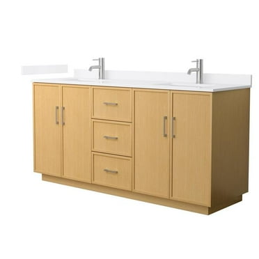 Wyndham Collection WCH747472DIOWQUNSMXX 72 in. Elan Double Bathroom Vanity with Toe Kick, Quartz Countertop, Under Mount Square Sinks 1-Hole, Trim - Light Oak, White & Brushed Nickel