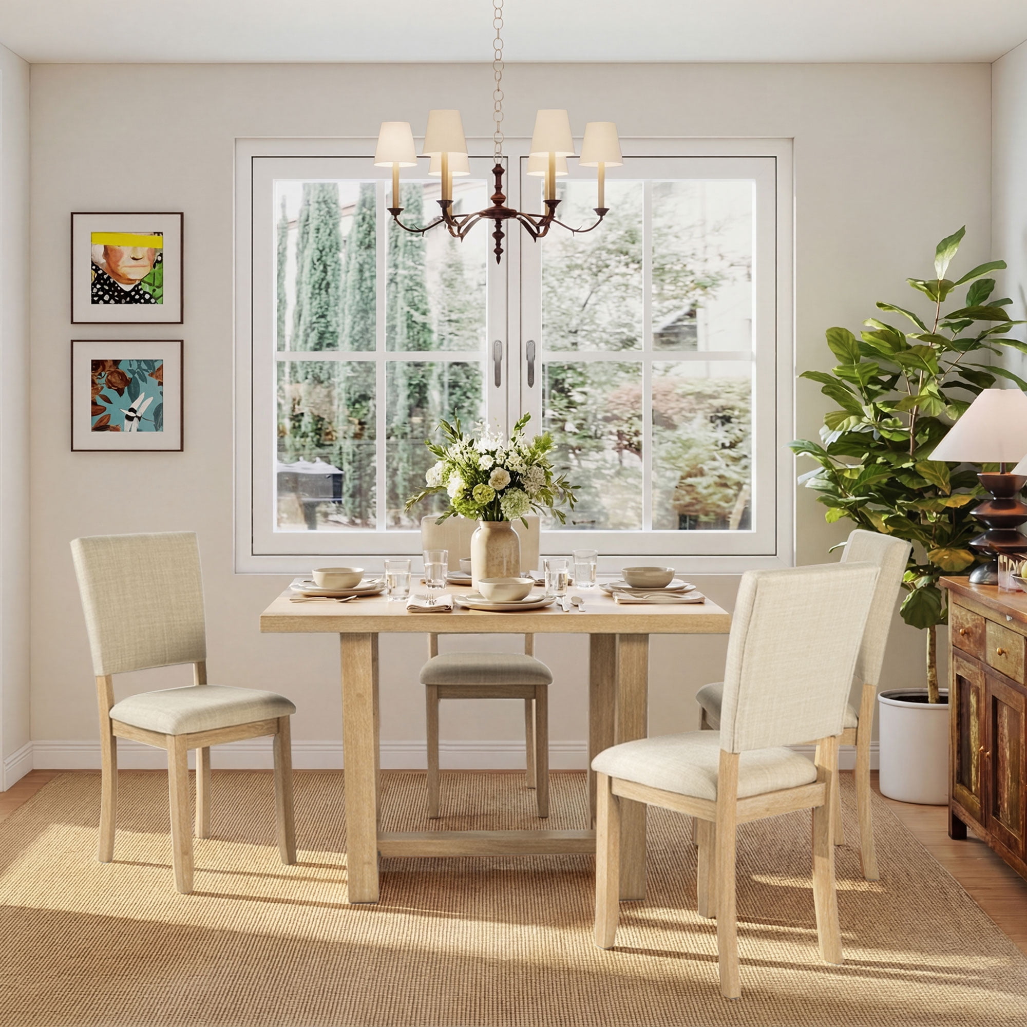 Aukfa Farmhouse 5-Piece Wood Upholstered Dining Set, Light Oak