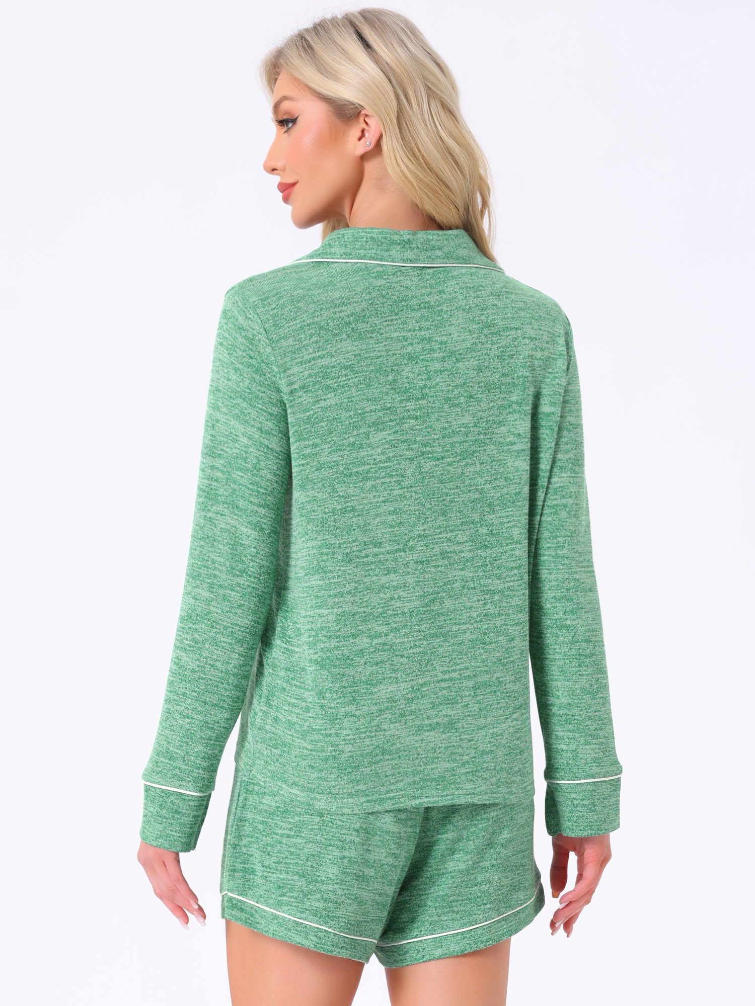 DARING DIVA Lounge Set Soft Button Up Notch Collar Long Sleeve Shorts Set XL Green