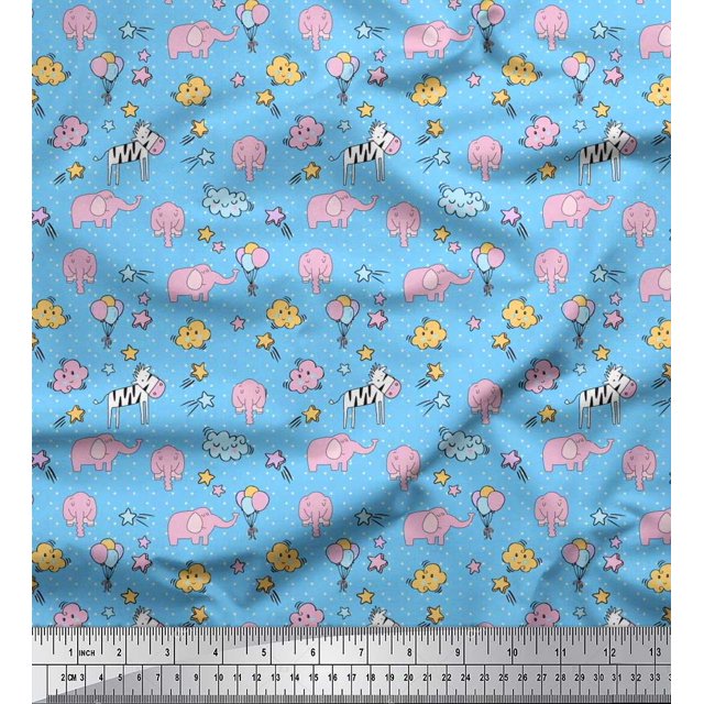 Soimoi Polyester Crepe Fabric Cloud,Star & Cute Elephant Kids Printed Fabric 1 Yard 52 Inch Wide