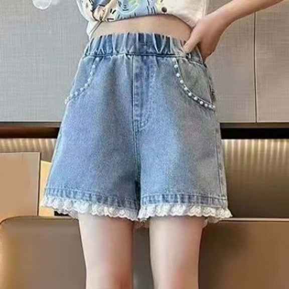Girls Denim Shorts Light Blue High Rise Elastic Waist with Lace Trim & Pearl Pockets for Kids to Kids,Size 6 T