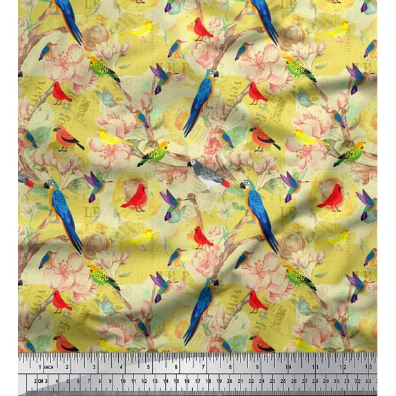 Soimoi Yellow Cotton Voile Fabric Floral,Parrot & Hummingbird Bird Print Sewing Fabric BTY 56 Inch Wide
