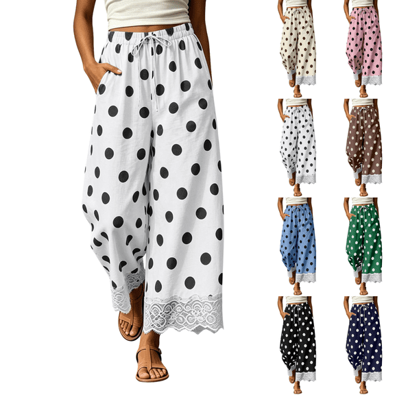 Sunnin Lace Trim Wide Leg Pants for Women Polka Dot High Waisted Drawstring Pant with Pocket