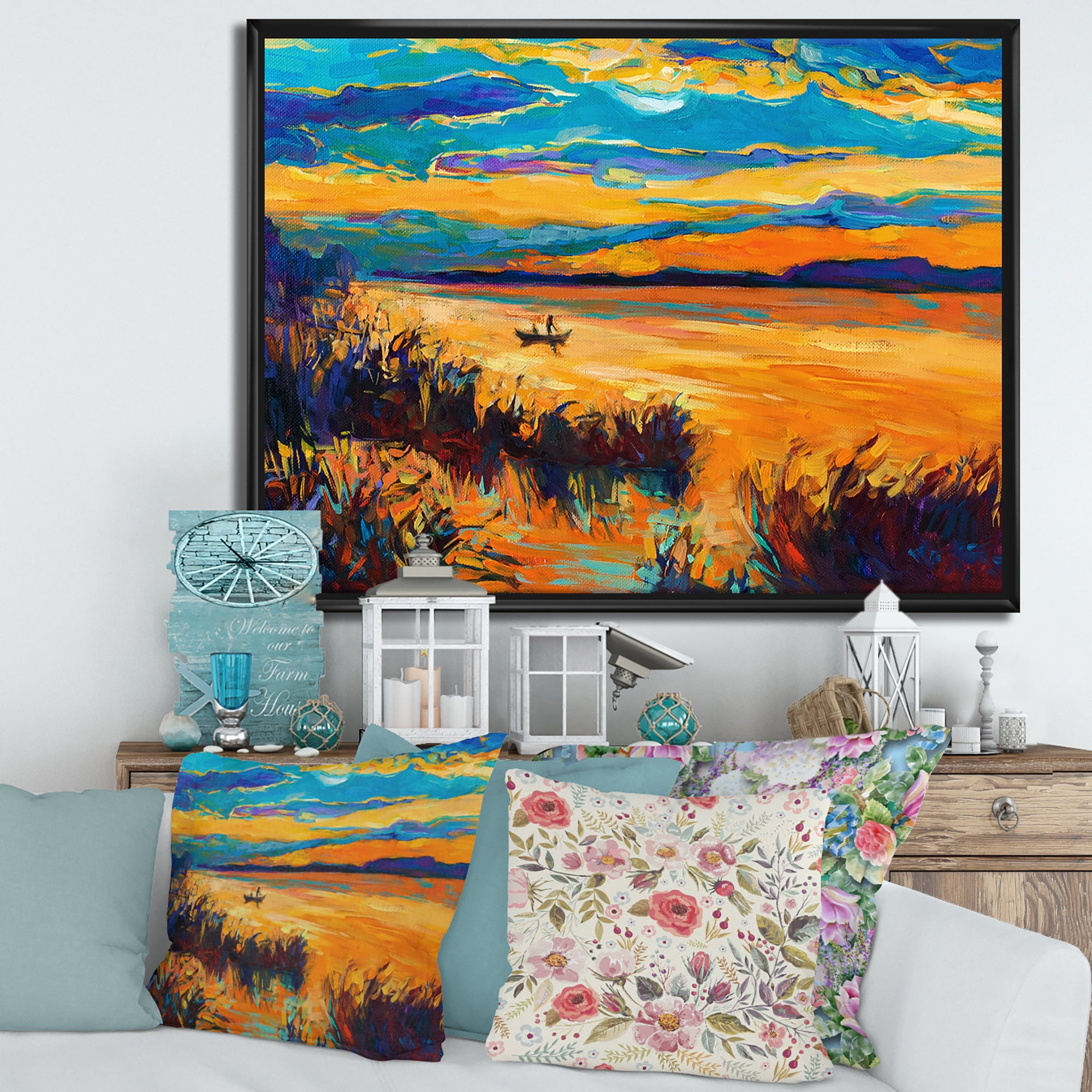 Designart 'Little Boat At The Horizon Of A Lake During Evening Glow' Nautical & Coastal Framed Canvas Wall Art Print