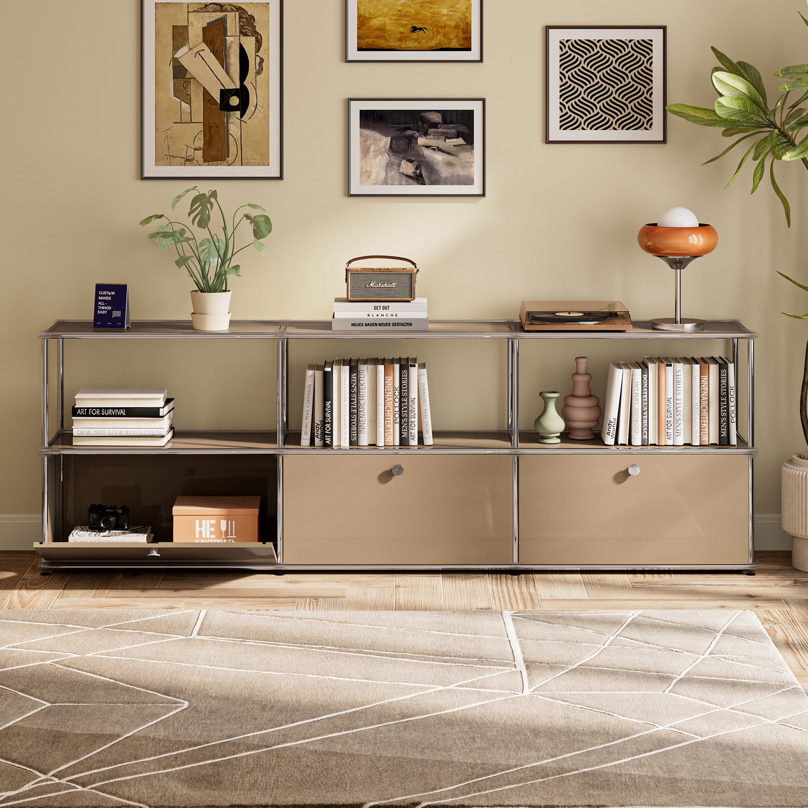 Freestanding Metal Storage Cabinet with 3 Doors and Shelves,Steel Locker Accent Cabinets for Living Room Bedroom,Brown
