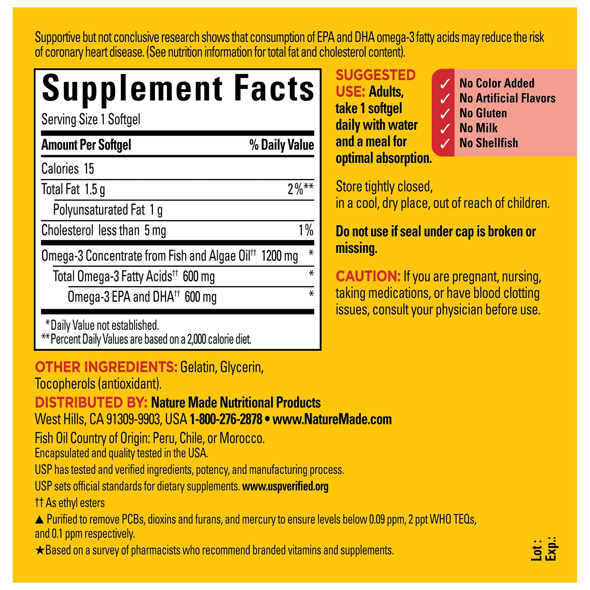 Nature Made Omega-3 Fish Oil & Algae Oil 1200 mg Softgels, Omega 3 Supplements, 90 Count