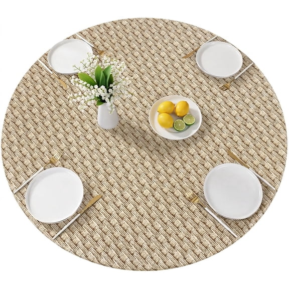 Fitted Round Tablecloth with Elastic, Waterproof Wipeable Round Table Cover, Outdoor Round Tablecloth, Kitchen Table Cover with Flannel Back for Indoor Outdoor Camping