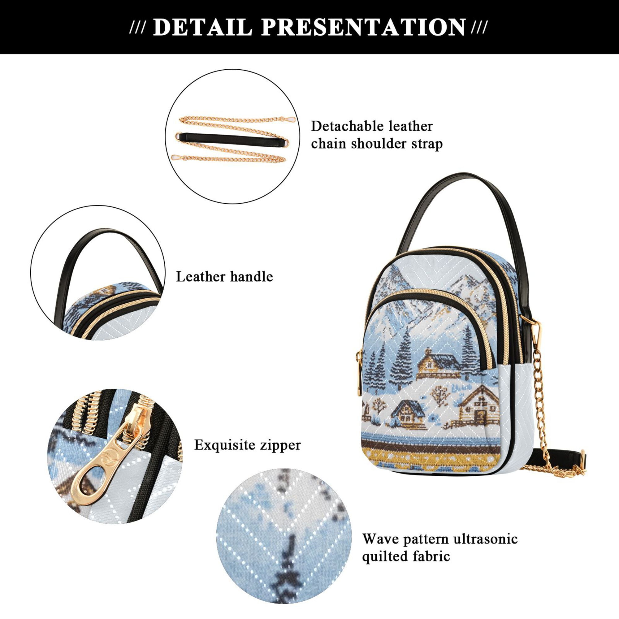 FORMRS Crossbody Bag for Women Quilted Travel Shoulder Cell Phone Purse with Chain Strap Handbag, Winter Village