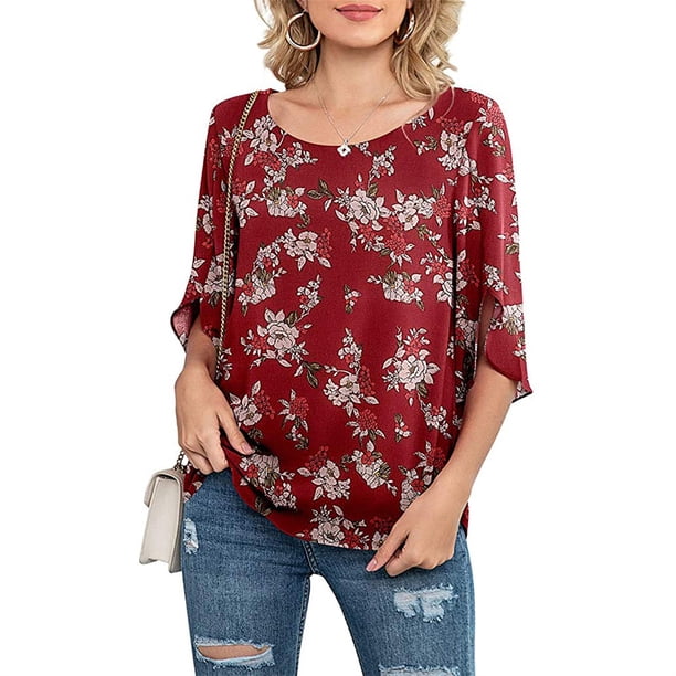 Qarigey Camisa de mujer Estampado de media manga Top Camisa de mujer Estampado de medio cuello Blusa informal Prendas para la parte del cuerpo flor blanca roja XXL Qarigey AP003117-25
