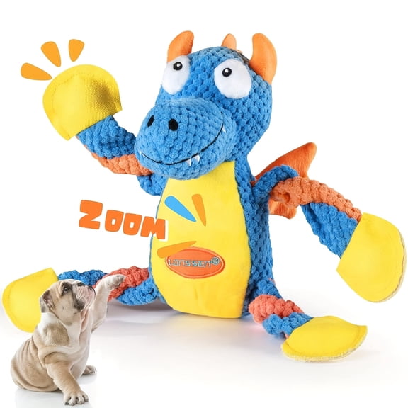 Ikerall Squeaky Plush Dragon Dog Toy – Durable Tug of War with Long-Lasting Rope, Tough and Soft for Teething Puppies and Aggressive Chewers, Crinkle Sound and No Stuffing for Small Medium Large Bree