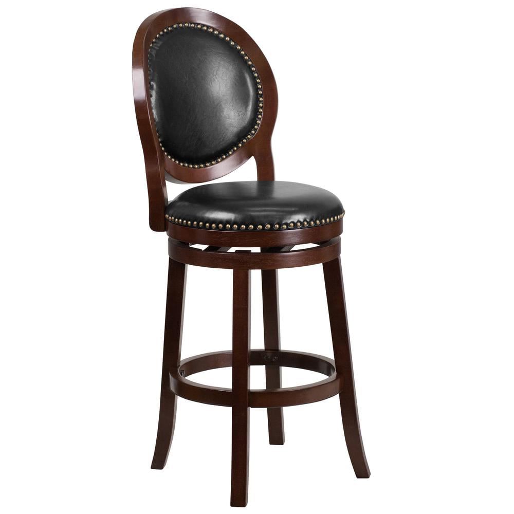 30'' High Cappuccino Wood Barstool with Black Leather Swivel Seat 