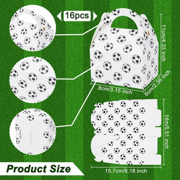 16Pcs 3.1x2.4x4.3 Inch Mini Soccer Party Treat Boxes White Soccer Cardboard Boxes Candy Cookies Gift Paper Box with Handles