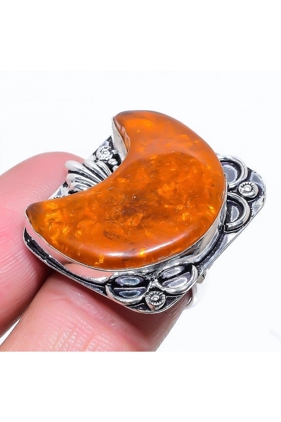 Natural Baltic Amber Gemstone Handmade 925 Sterling Silver Ring Size 8