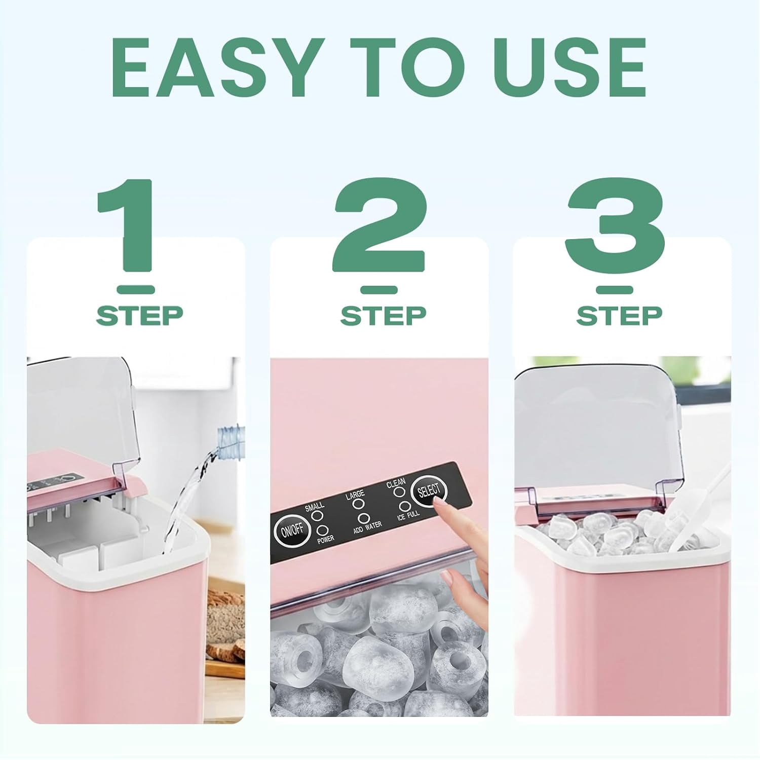 Portable Ice Maker Machine Countertop with Handle, 9 Bullet Ice Cubes in 6 Minutes, 26lbs Daily, Auto-Cleaning, Includes Basket and Scoop, for Home Kitchen RV Camping Light Pink