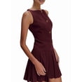 thumbnail image 2 of Women Sleeveless Business Work Office Mini Dress Sleeveless Button Formal Short Pleated Dress Wine Red M, 2 of 9