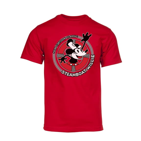Mens Steamboat Willie T-Shirt - Life Preserver 1928 Classic Cartoon Shirt, Red Large