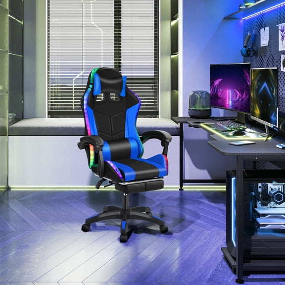 Happydeer Gaming Chair with Bluetooth Speakers and LED Lights Ergonomic Massage Video Game Chair with Footrest High Back with Lumbar Support Blue and Black