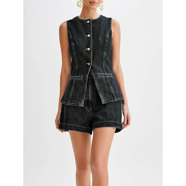 Women's Denim 2 Piece Set Casual Business Sleeveless Jean