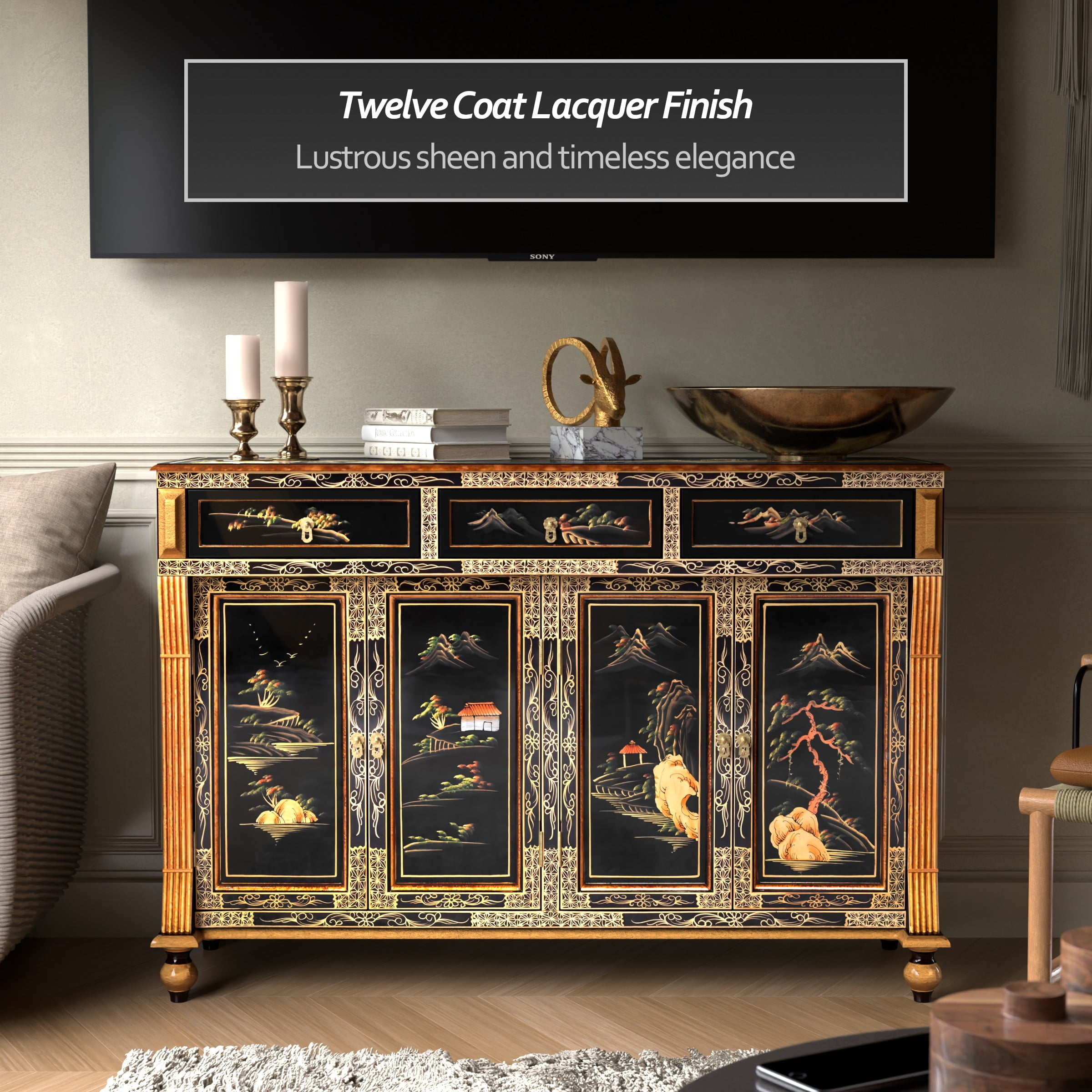 【425】黒屏風 Red Lantern Black Lacquer Curved Sideboard - Landscape - Walmart.com