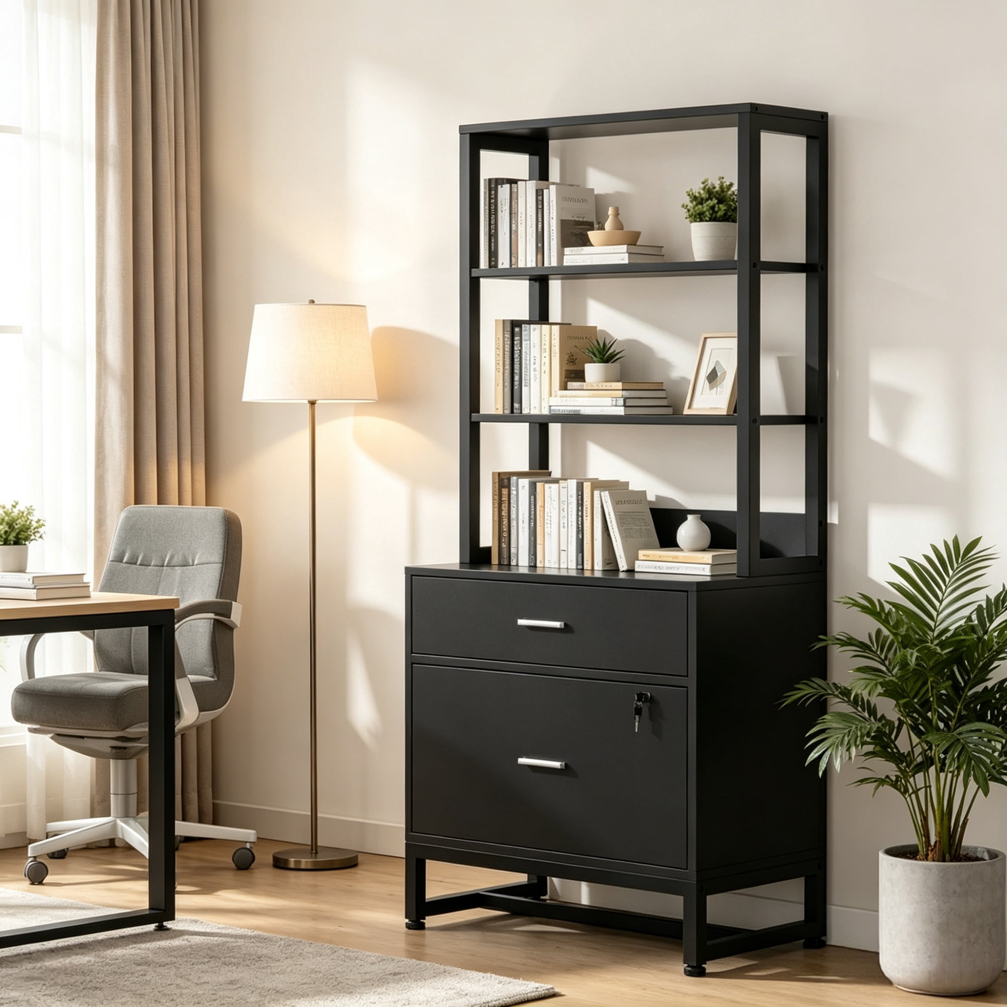 Vertical File Cabinet, 2-Drawer Filing Cabinet with Open Shelves for Home Office