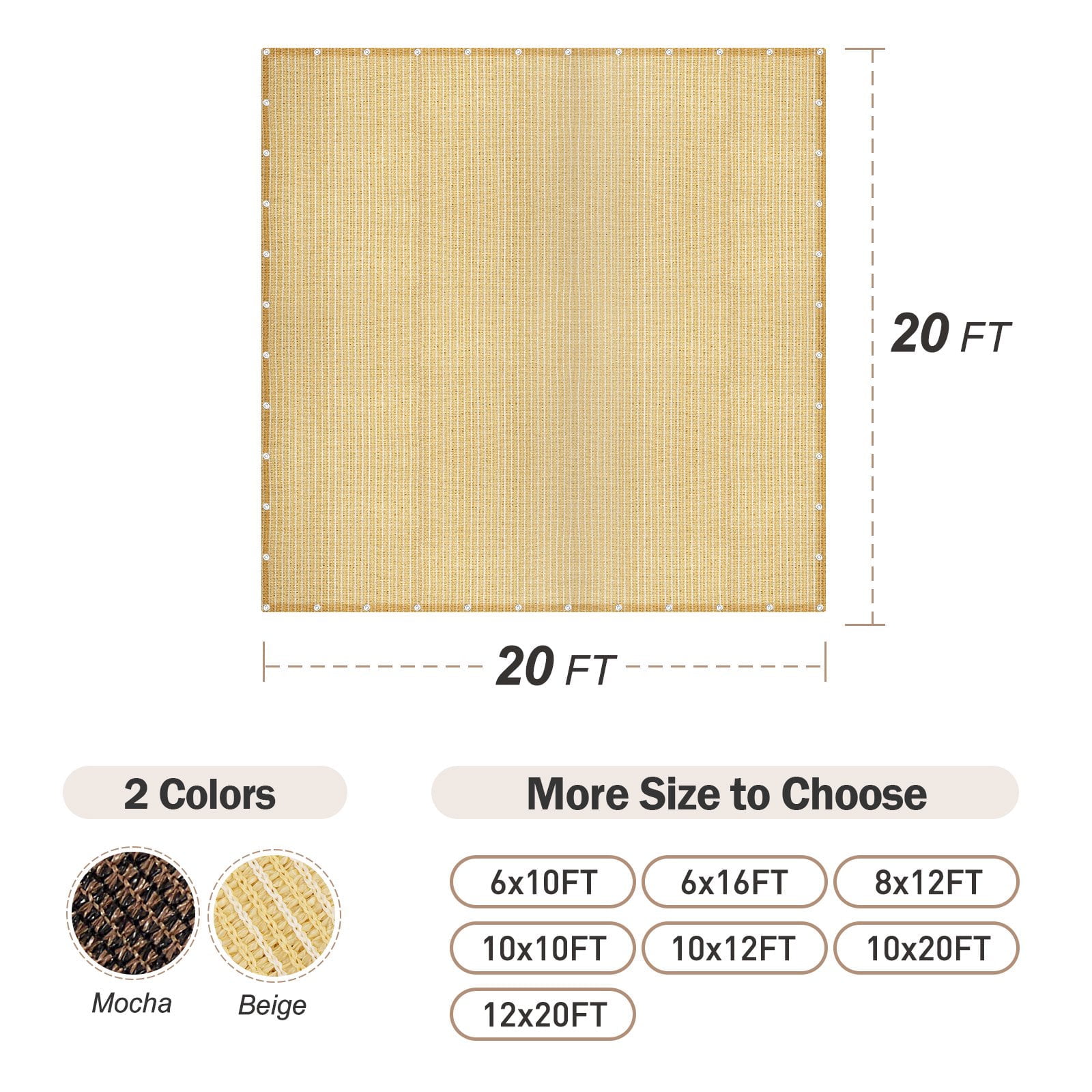 90% Sunblock Shade Cloth with Grommets for Garden Patio 20' X 20'(6x6m), Beige