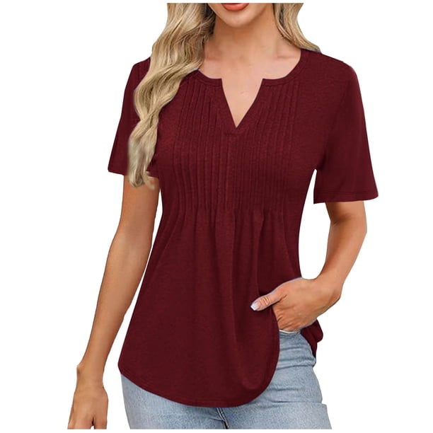 Camisas de Manga Corta para las Mujeres Casual Color Sólido Plisado V-Cuello Blusas, Moda Verano Top para Diario Y Fiesta