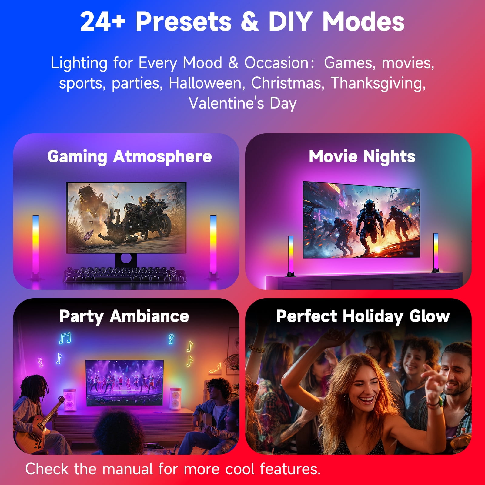 RGB LED Light Bars, USB Powered TV Backlight with Music Sync, APP & Remote Control, Color Changing Gaming Lights for TV, PC, Bedroom, 2 Pack, 12.6 in