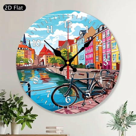 Copenhagen Denmark Scandinavian Nordic Round Wall Clock, Modern MDF Wood Silent Non-Ticking Decorative Home Decor Gift for Living Room Kitchen Office Bedroom