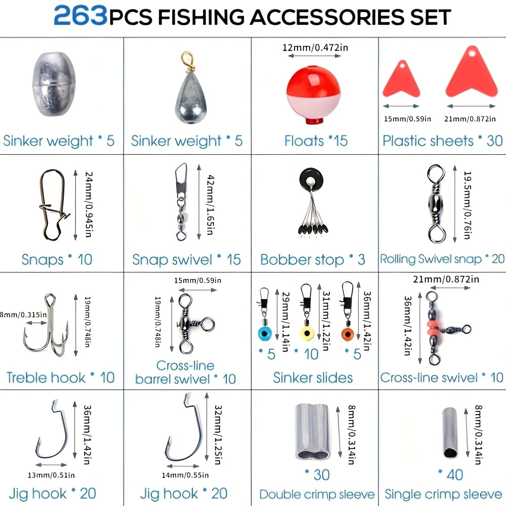 264Pcs Complete Fishing Tackle Kit with Storage Box, Fishing Pliers, Hooks, Sinkers, Swivels, Snap Swivels and Sinker Slider Accessories for Outdoor Fishing