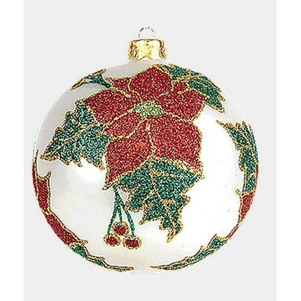 White Glitter Poinsettia Ball Polish Blown Glass Christmas Ornament