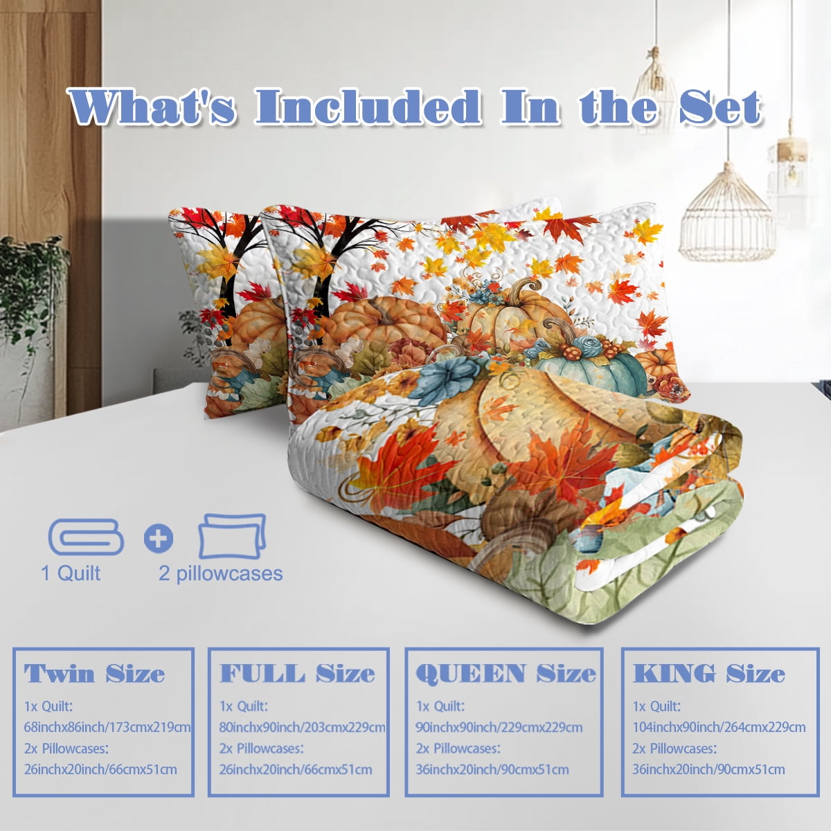 3 Pieces Colorful Oil Painting Pumpkin Pattern Quilt Set Queen Size for All Seasons Flower Fall Leaves Bedding Set with 2 Pillowcases for Kids Adults