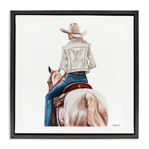 Stupell Industries Glam Girl on White Horse People Painting Black Floater Framed Canvas Art Print Wall Art, 18 x 18