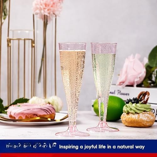 100 Pack Plastic Champagne Flutes Disposable 4.5 oz Purple Glitter Plastic Champagne Glasses Suitable for Wedding, Thanksgiving Day, Christmas