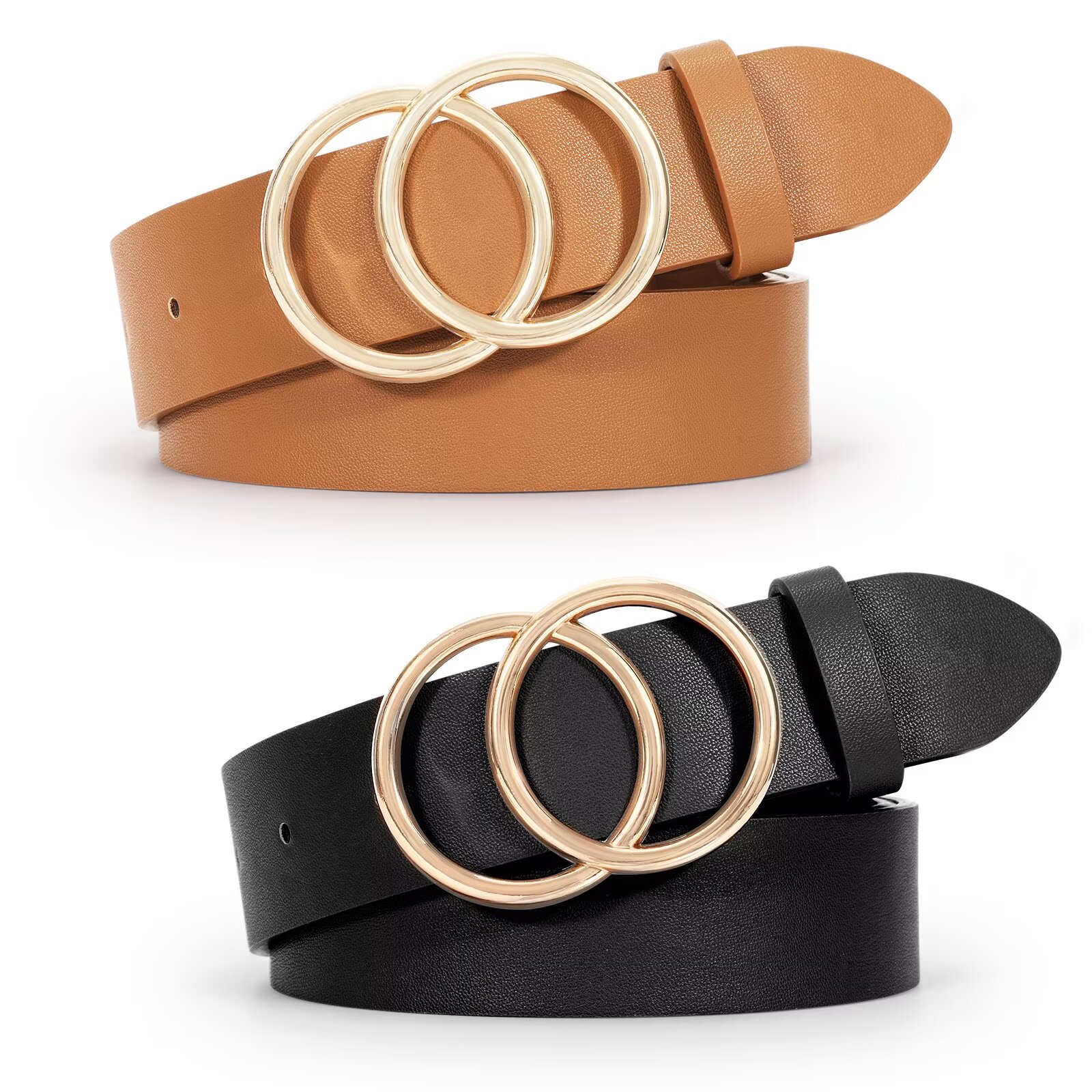 Whippy Women's Leather Belt 2-Pack Double Ring Buckle