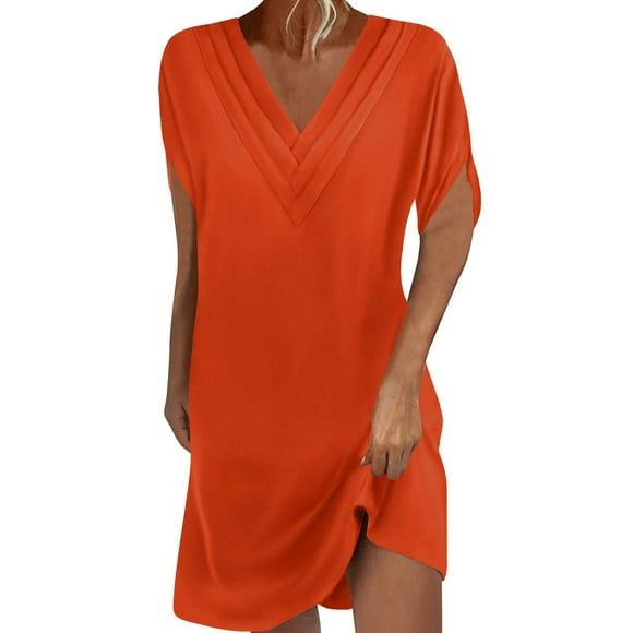 Tumotour Summer Dresses For Women 2025 V-Neck Pleated Short Batball Sleeve Dress Solid Color Elegant Flowy Beach T Shirt Dress