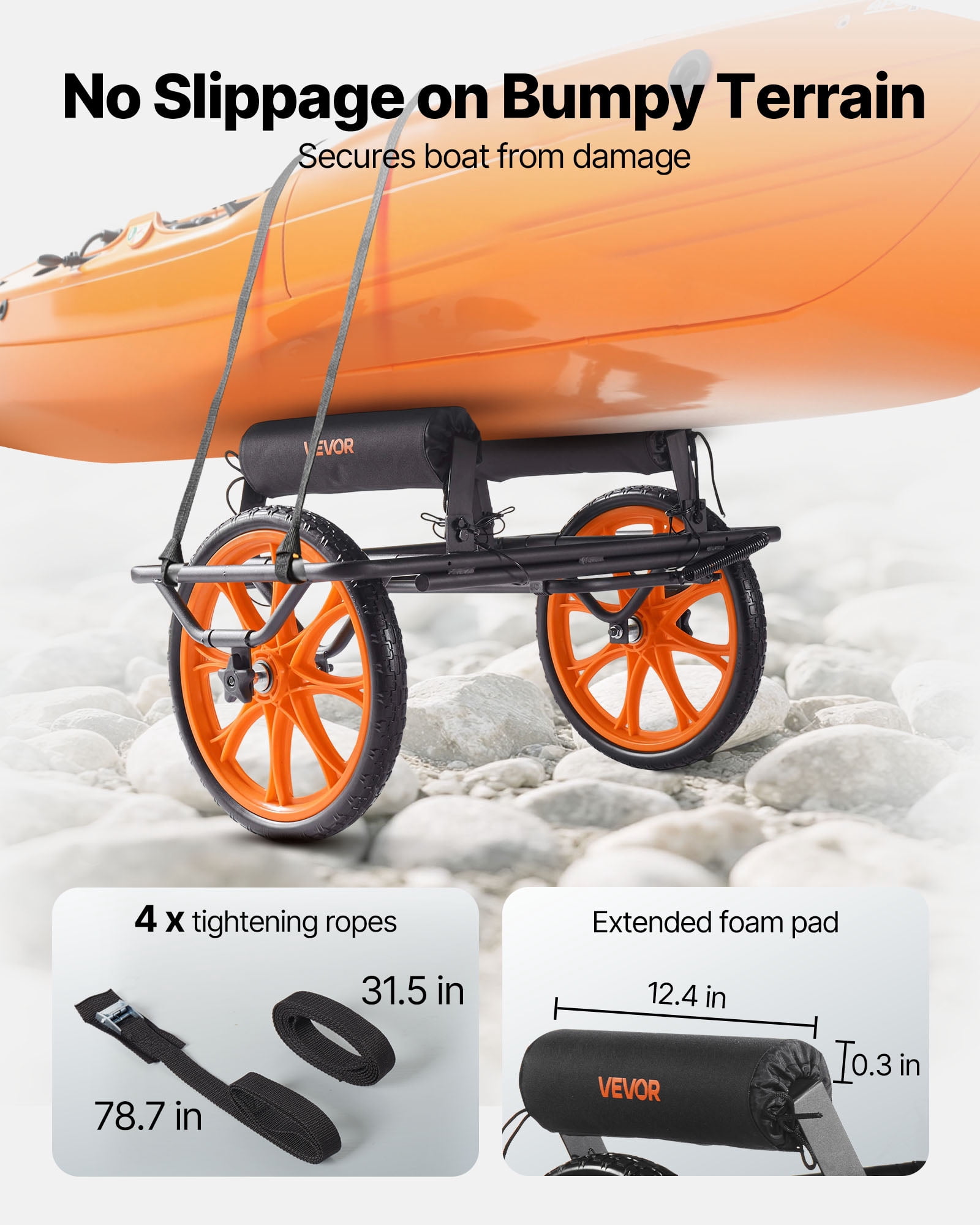 VEVOR Kayak Cart, 330 lbs Load Capacity, Canoe Cart Dolly with 15-inch Solid Rubber Tires & Kickstand, Assembles & Disassembles Within Seconds, Paddle Board Trolley for Kayaks, Canoes, Paddleboards