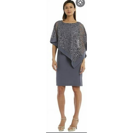 R&M Richards Short Metallic Lace Petite Dress, Charcoal, 10P