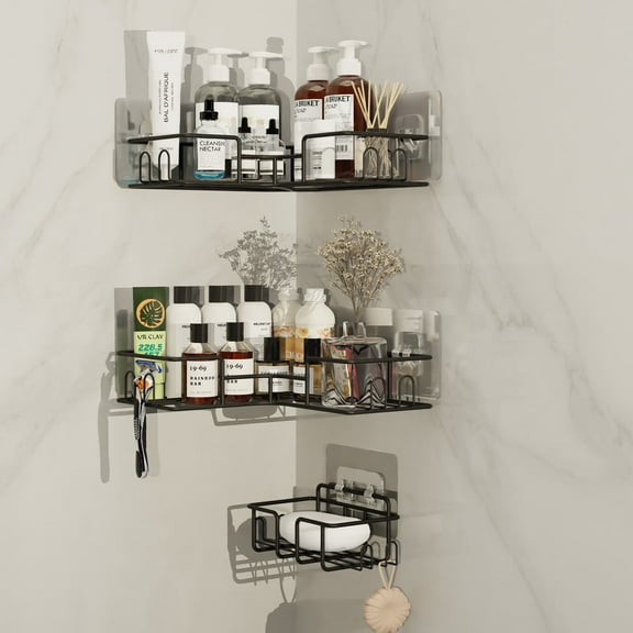 Topritt Corner Shower Caddy, 2-Pack No Drill Adhesive Organizer with Soap Dish, Space-Saving Bathroom/Kitchen Storage Shelf for Shower Corner (90° Angle Only)