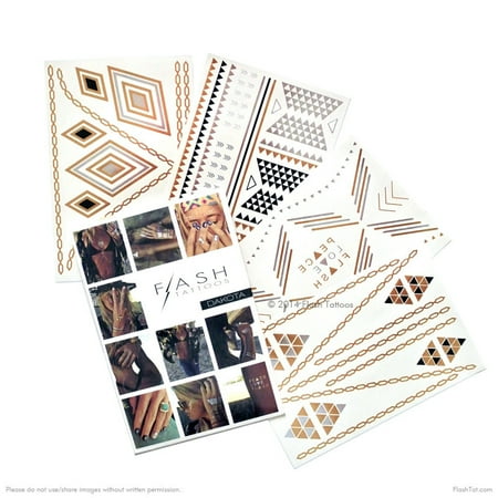 Nail Flash Tattoos Flash Tattoos Dakota metallic gold, silver and balck temporary jewelry tattoo pack, 4 sheets, over 43 metallic temporary tats ()