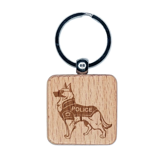 German Shepherd K-9 Police Dog Square Keychain Charm Tag - Engraved Wood