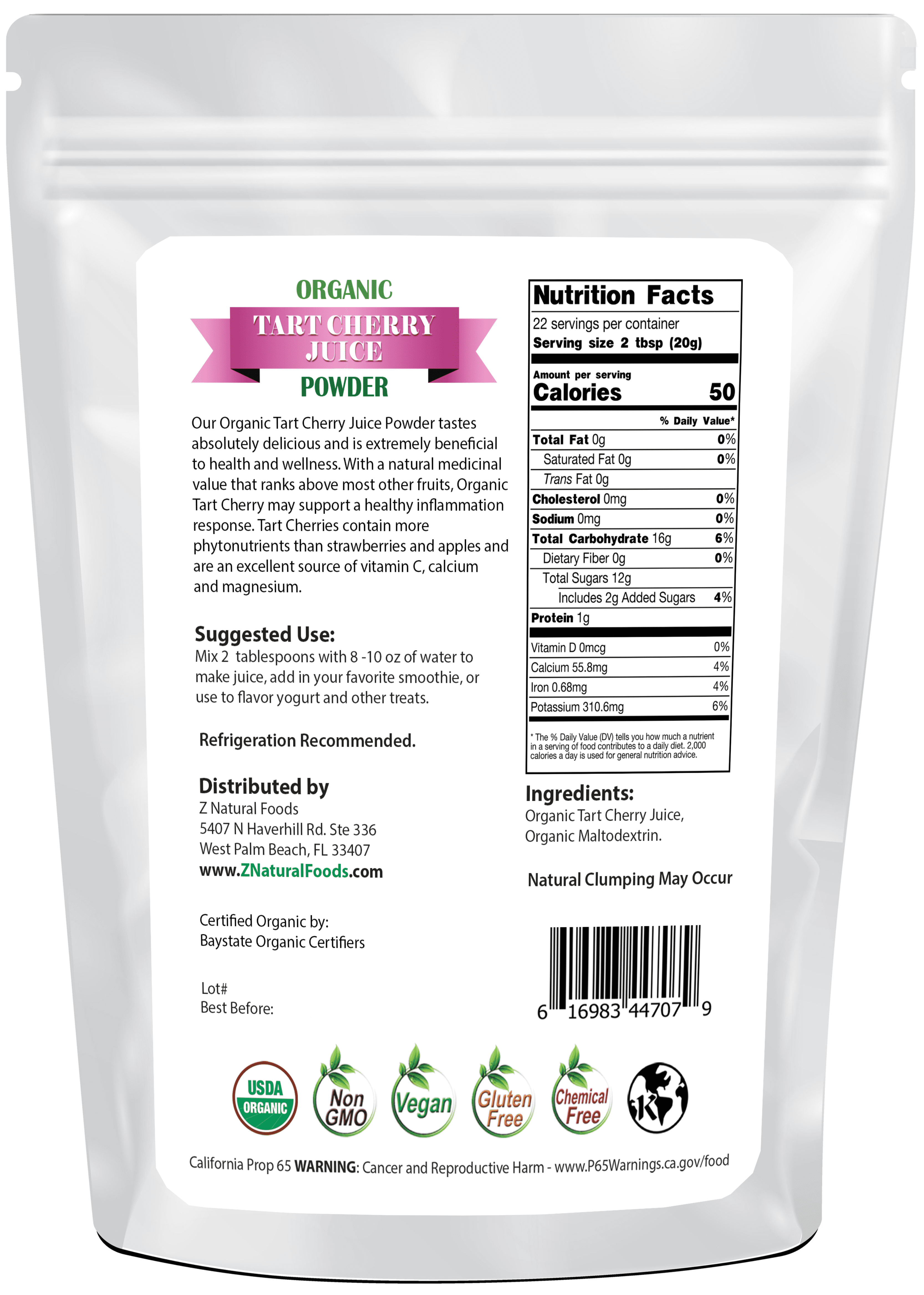 Z Natural Foods Organic Tart Cherry Juice Powder, Superfood Powder Designed to Promote Quality Sleep, Ideal for Juice, Smoothies, and Recipes, Non-GMO, Vegan, Gluten-Free, Kosher, 1 lb.