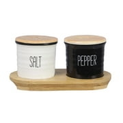 Black and White Salt and Pepper Shakers with Bamboo Wood Tray Ceramic